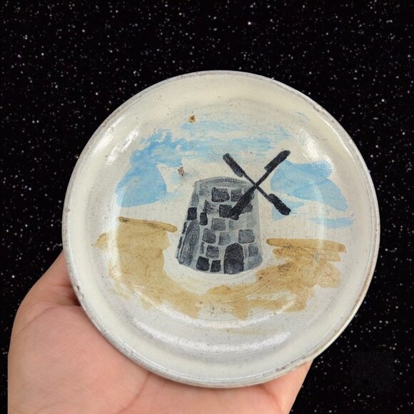 Vintage Folk Art Pottery Hand Made Dish Plate Trinket 1998 Marked Windmill VTG - Picture 1 of 7